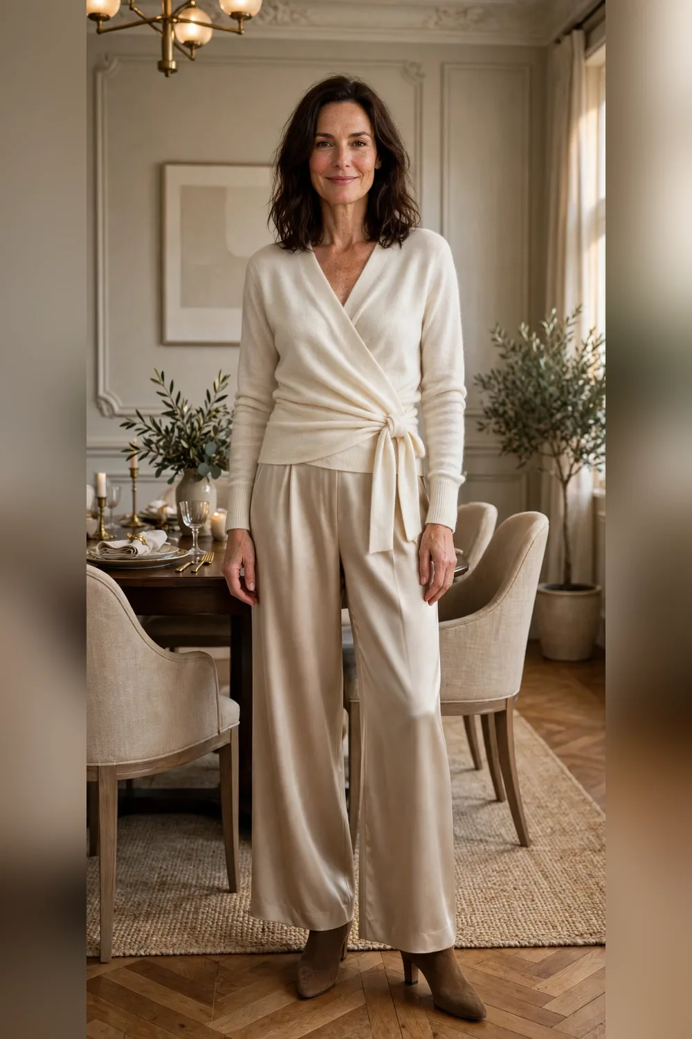 Woman in her 40s wearing a wrap cashmere sweater with satin wide-leg trousers