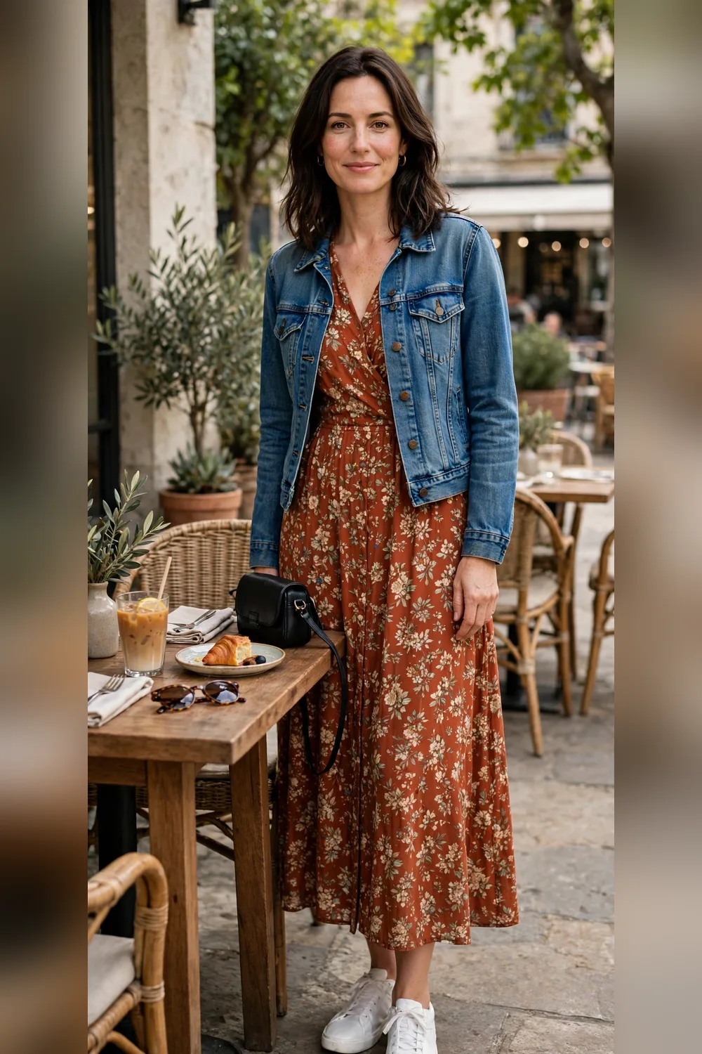 Mom casual lunch outfit floral midi dress with denim jacket