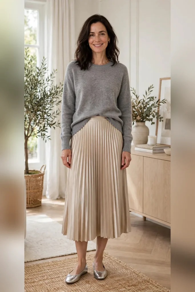 Woman in her 30s wearing a champagne pleated midi skirt with a soft gray sweater and metallic flats.