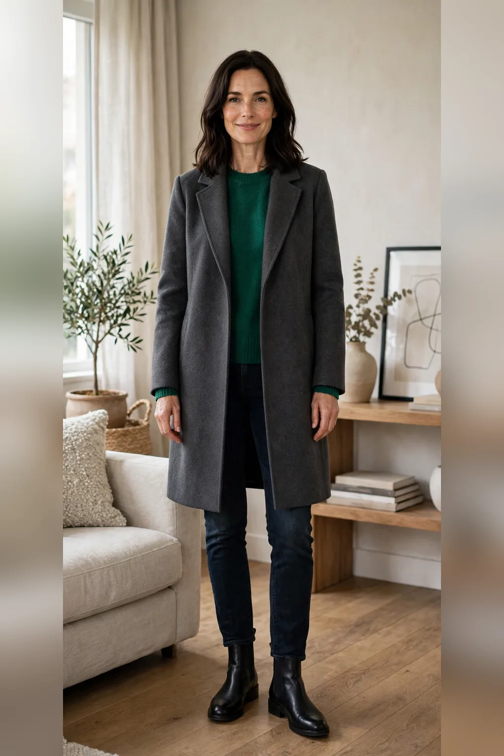 Woman in her 40s wearing a charcoal coat over an emerald sweater and jeans