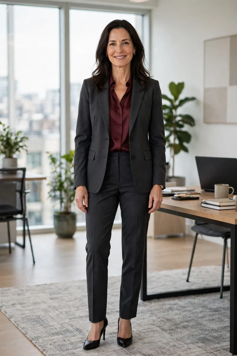 Charcoal pantsuit with burgundy top work outfit over 40