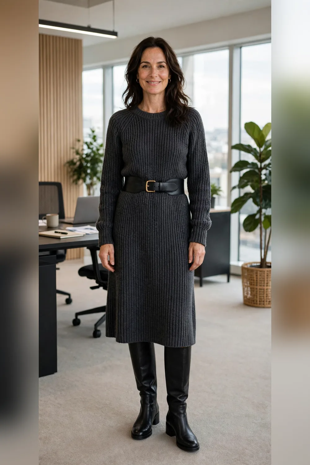 Charcoal sweater dress with belt and ankle boots work outfit