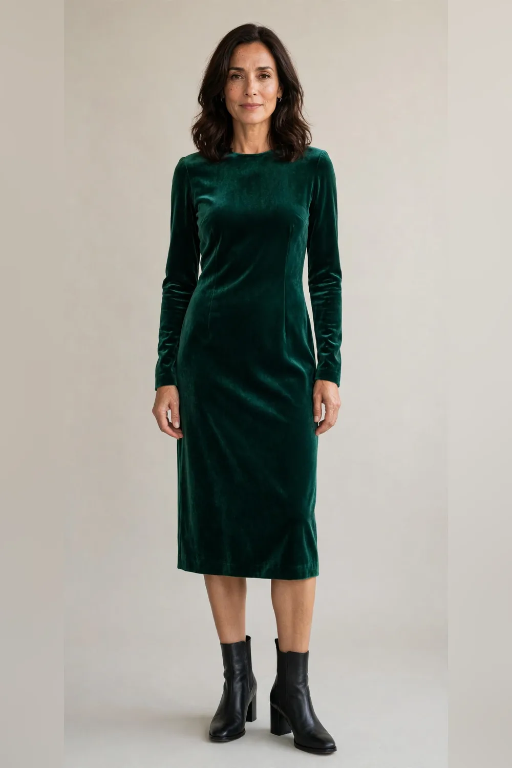 Emerald velvet midi dress with black heeled boots for Christmas dinner