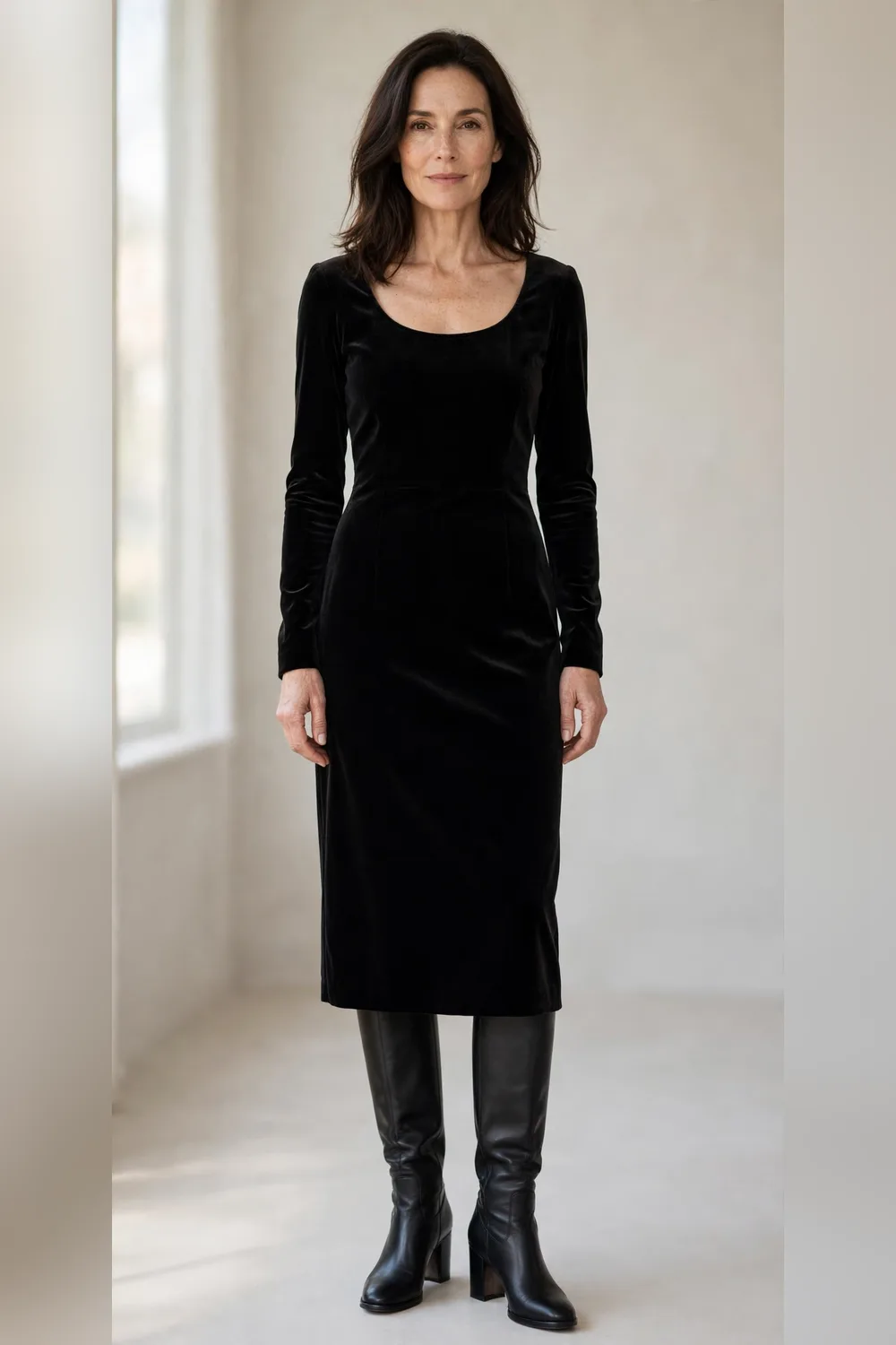 Black velvet midi dress with black knee-high boots for Christmas dinner