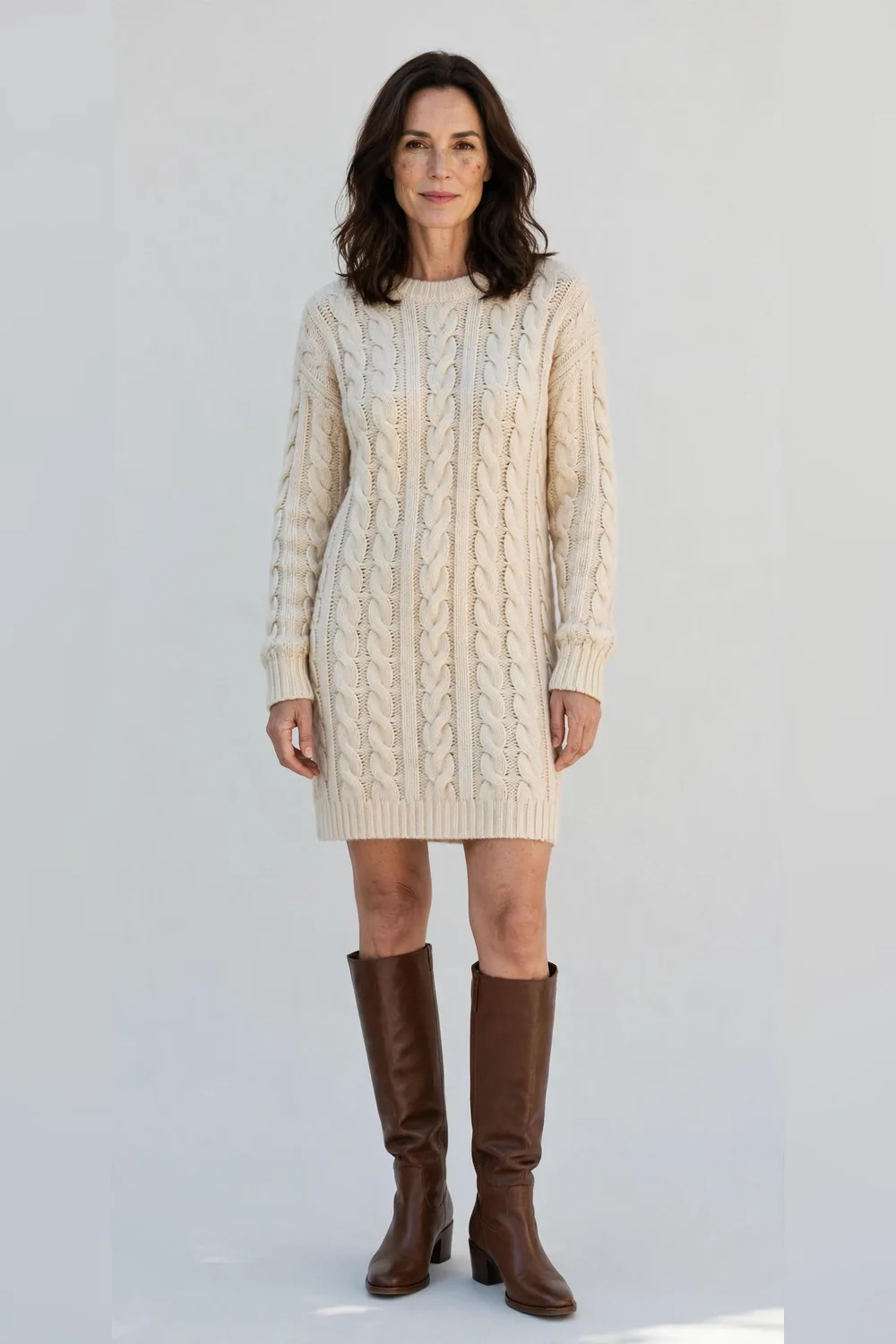 Cream chunky knit dress with brown knee-high boots for Christmas dinner