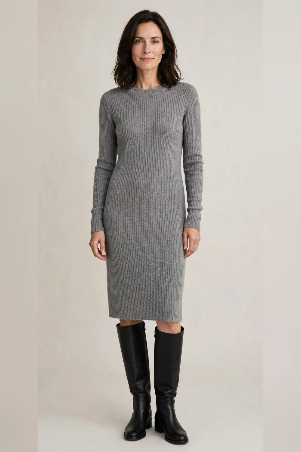 Grey merino knit dress with black knee-high boots for Christmas dinner
