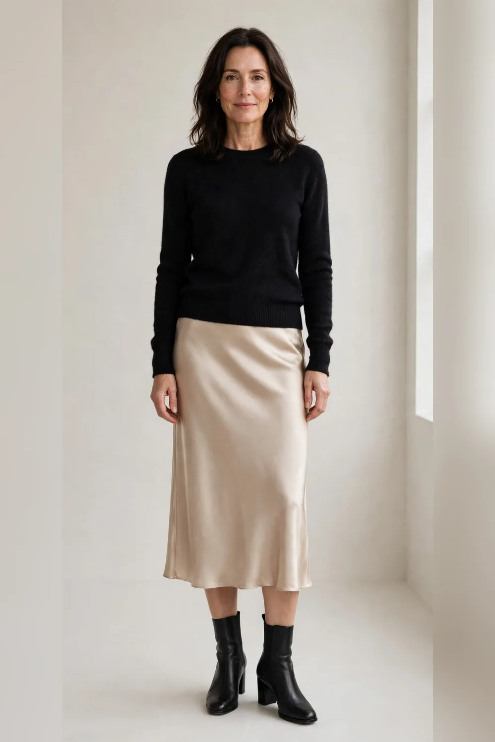 Champagne satin midi skirt with a black knit and heeled boots for Christmas dinner