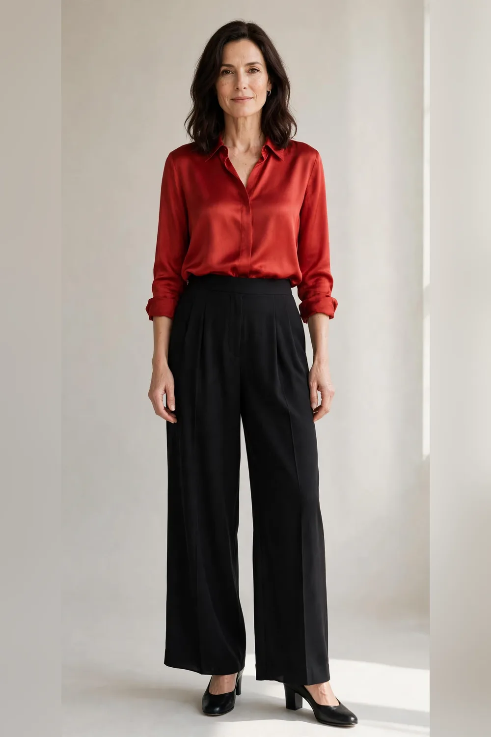 Black wide-leg trousers with a red silk blouse and heeled shoes for Christmas dinner
