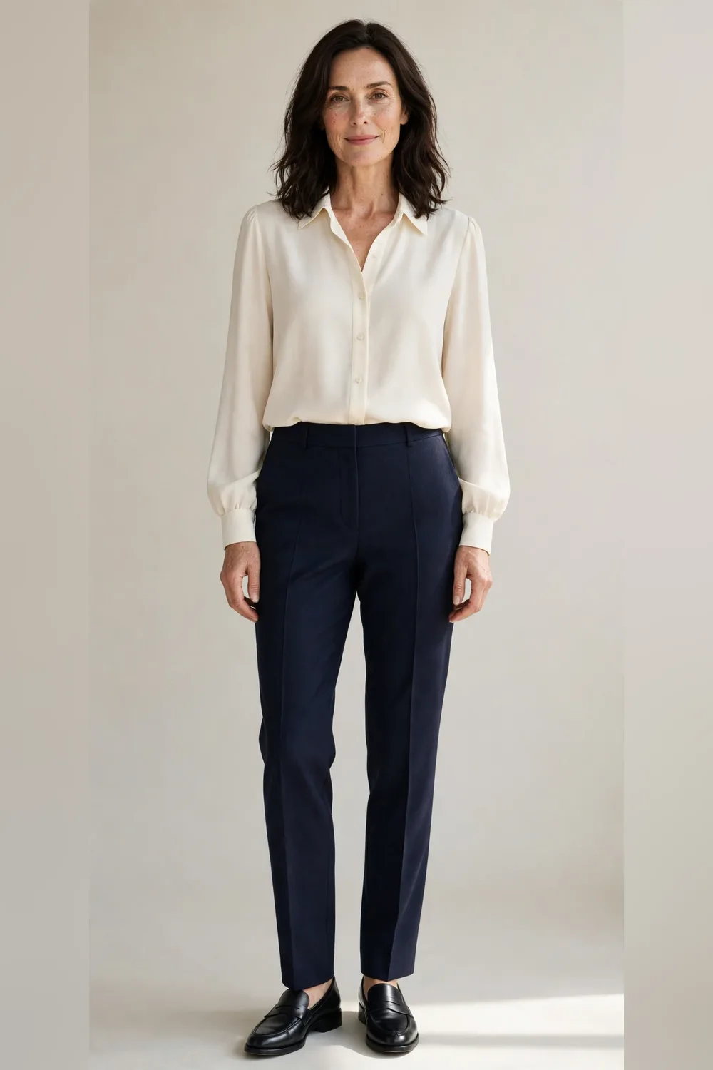 Navy tailored trousers with a cream blouse and loafers for Christmas dinner