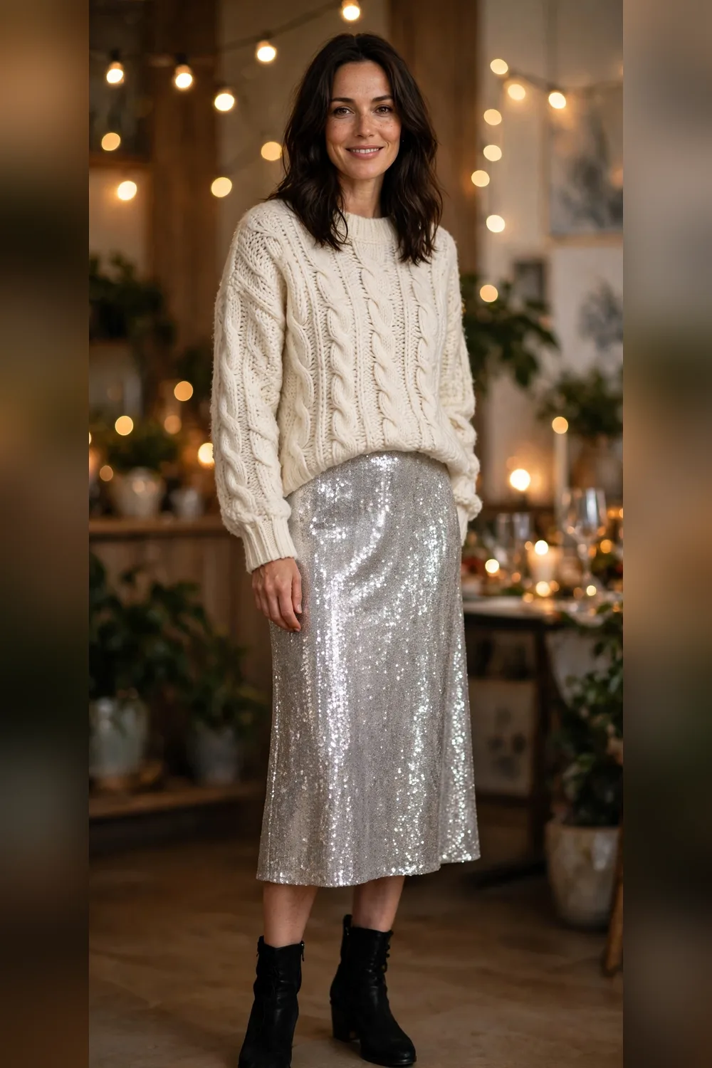 Chunky knit sweater with sequin skirt New Year's Eve outfit 30s