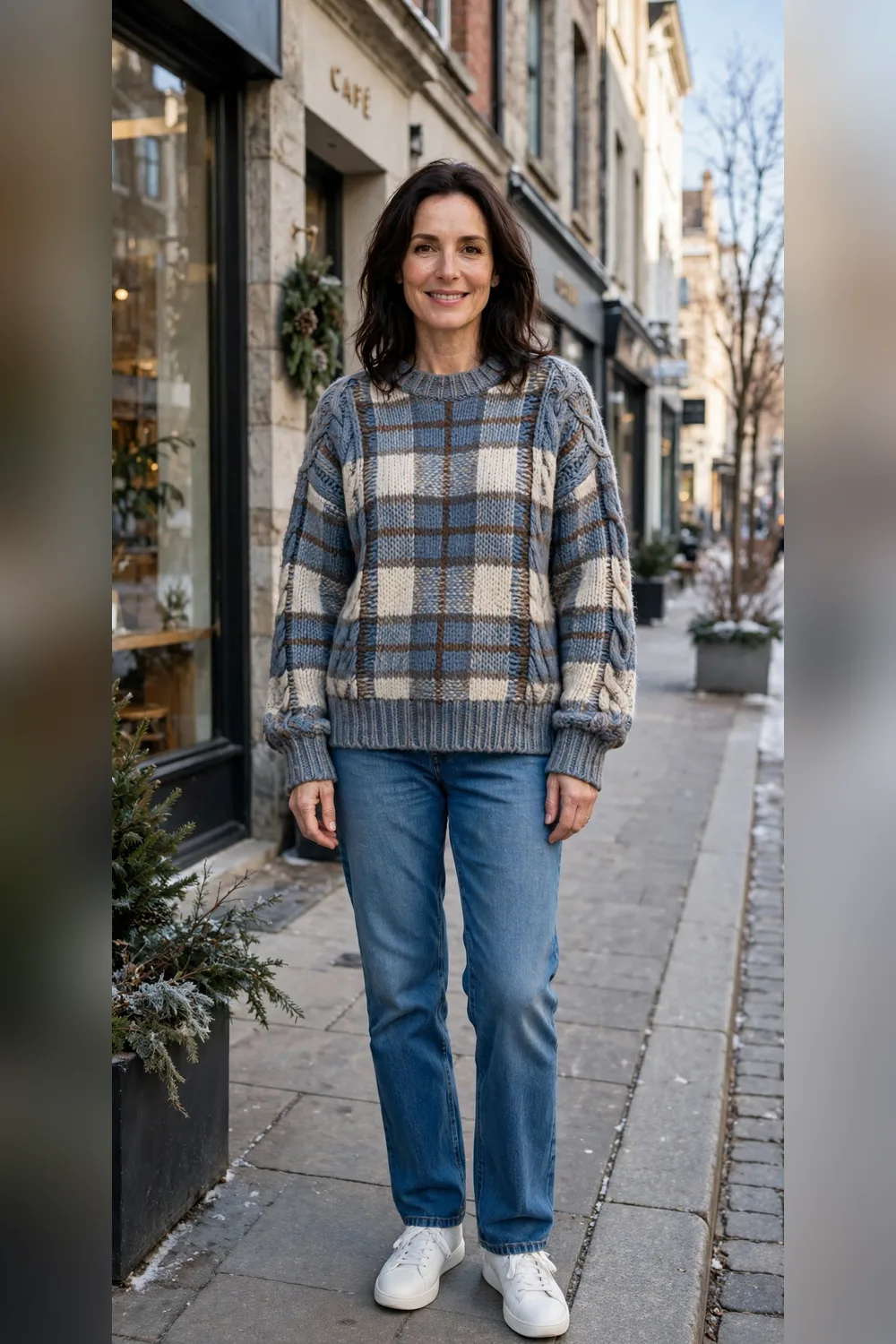 Chunky plaid sweater with straight jeans weekend outfit over 40