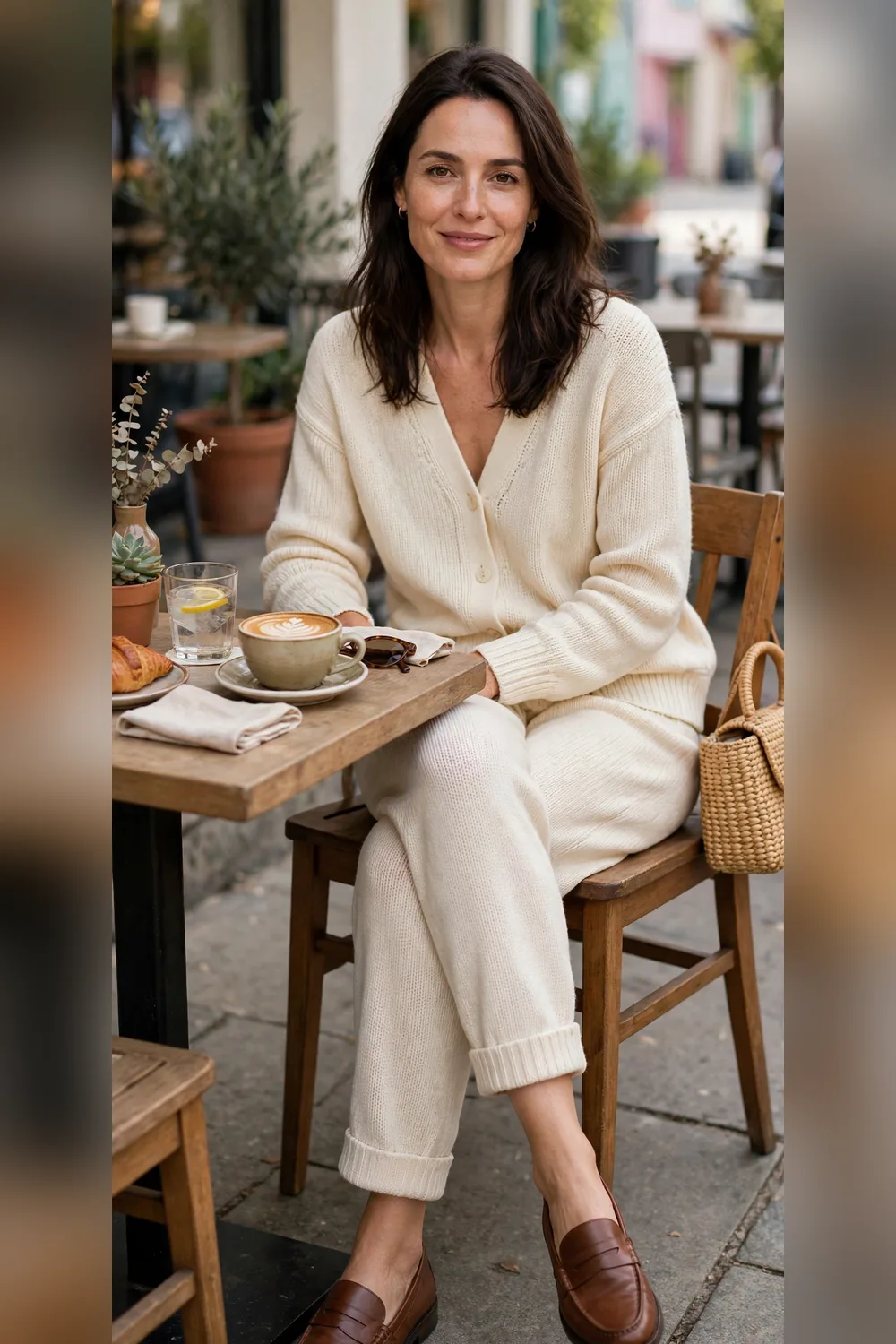 Mom coffee outfit cream knit co-ord set with loafers