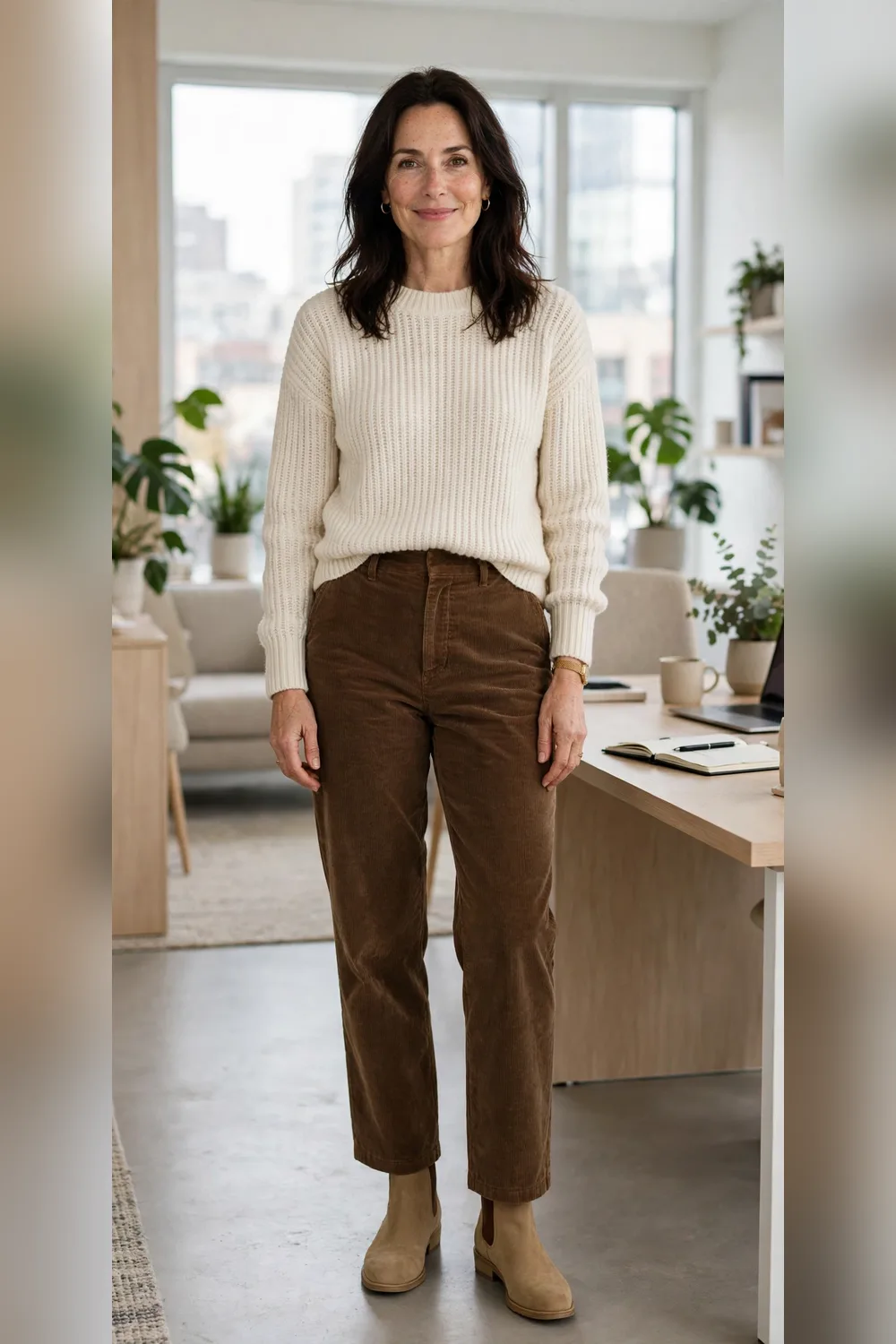 Corduroy trousers with cream sweater work outfit over 40