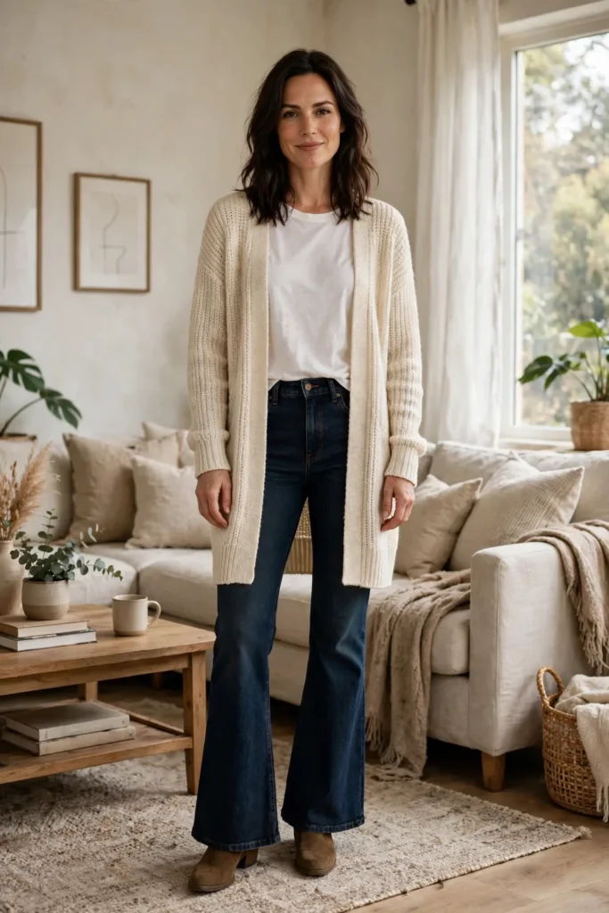 Woman in her 30s wearing a long cream cardigan over a white tee and dark flare jeans, relaxed holiday outfit.