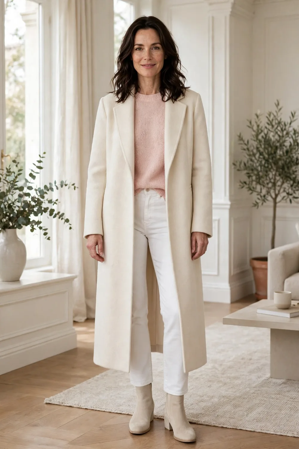 Woman in her 40s wearing a cream coat over a pastel knit and white jeans