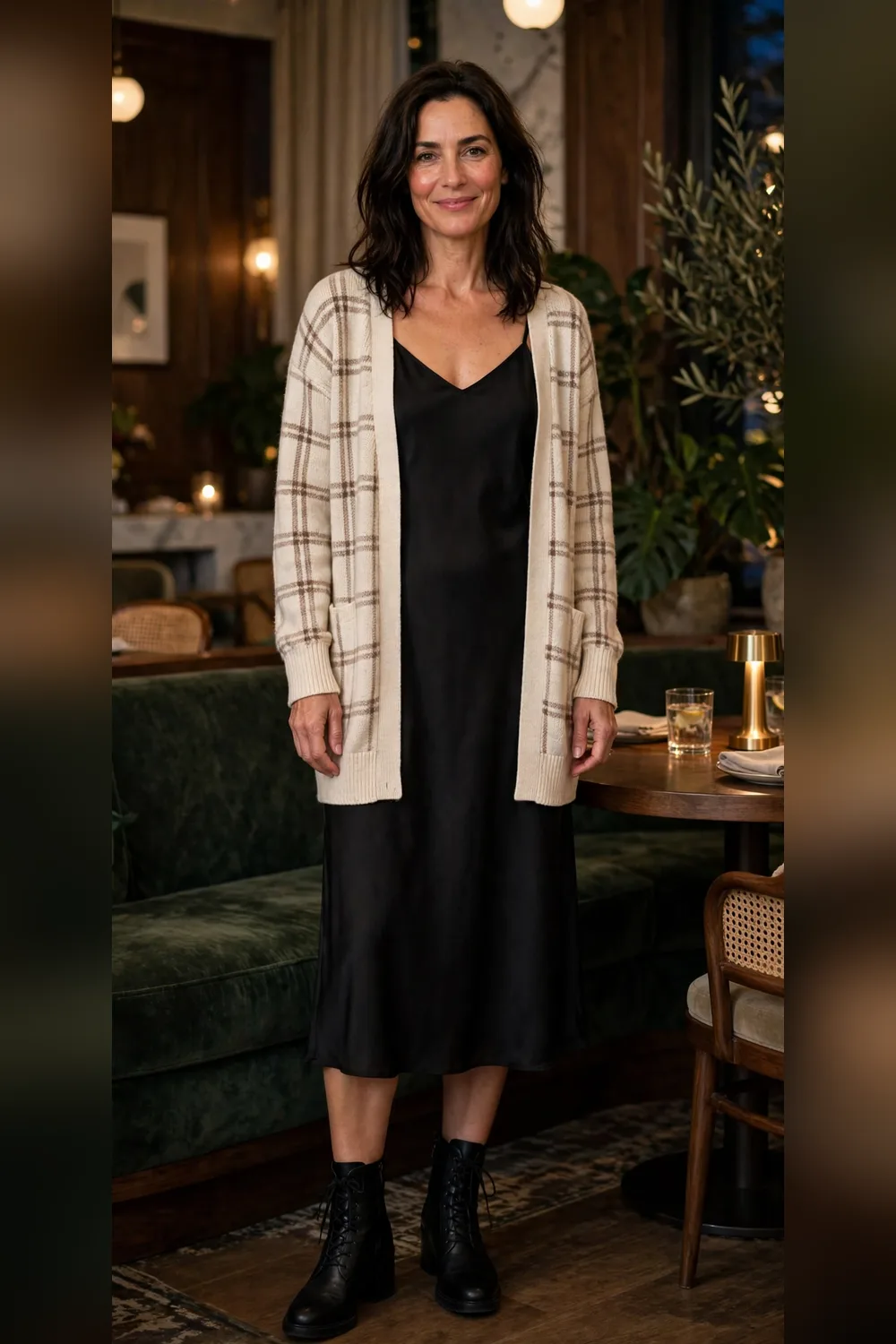 Cream plaid cardigan with black slip dress outfit over 40
