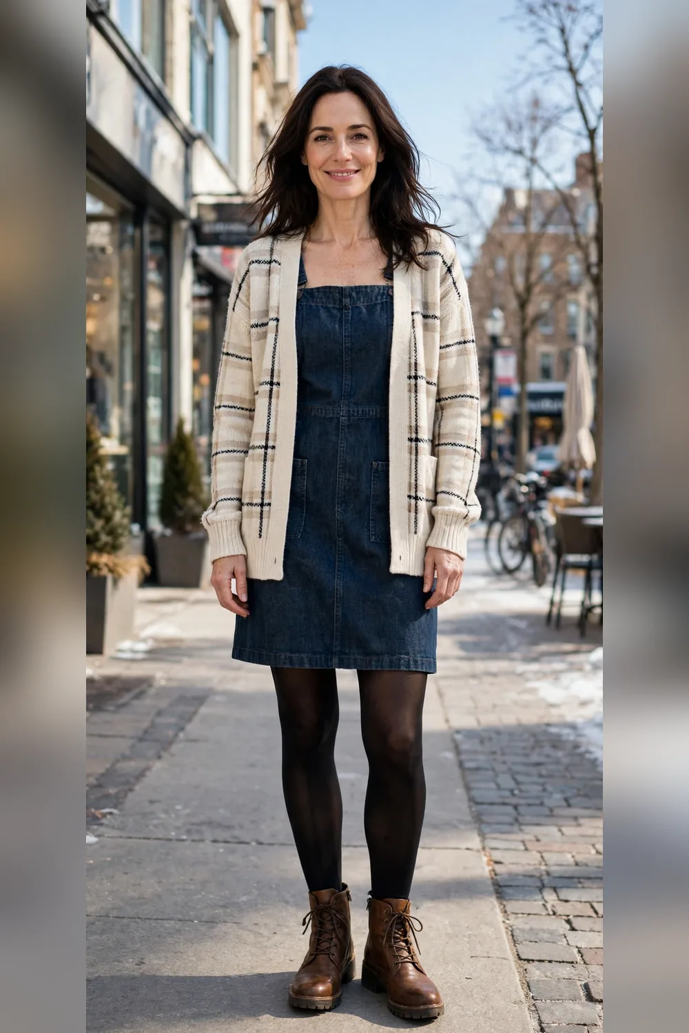 Cream plaid cardigan with denim pinafore dress outfit over 40