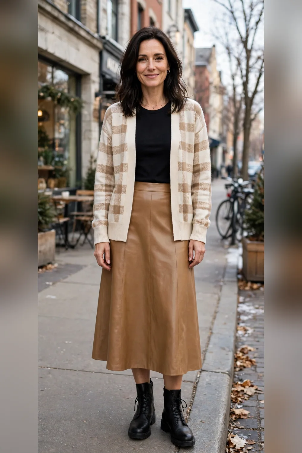 Cream plaid cardigan with tan leather skirt outfit over 40