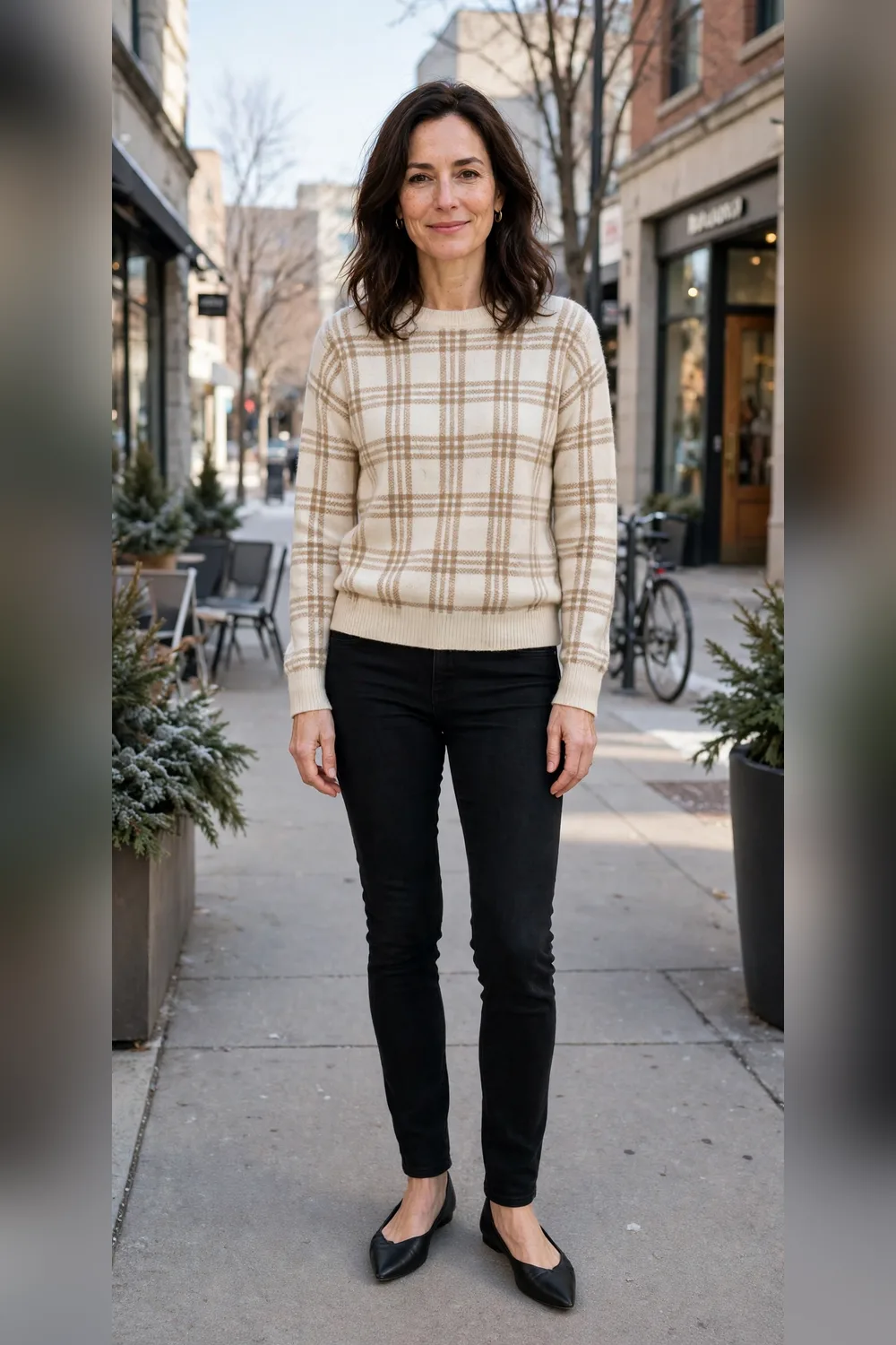 Cream plaid sweater with black skinny jeans and black pointed flats