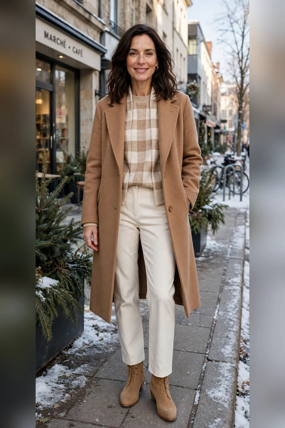 Cream plaid sweater with camel coat outfit over 40