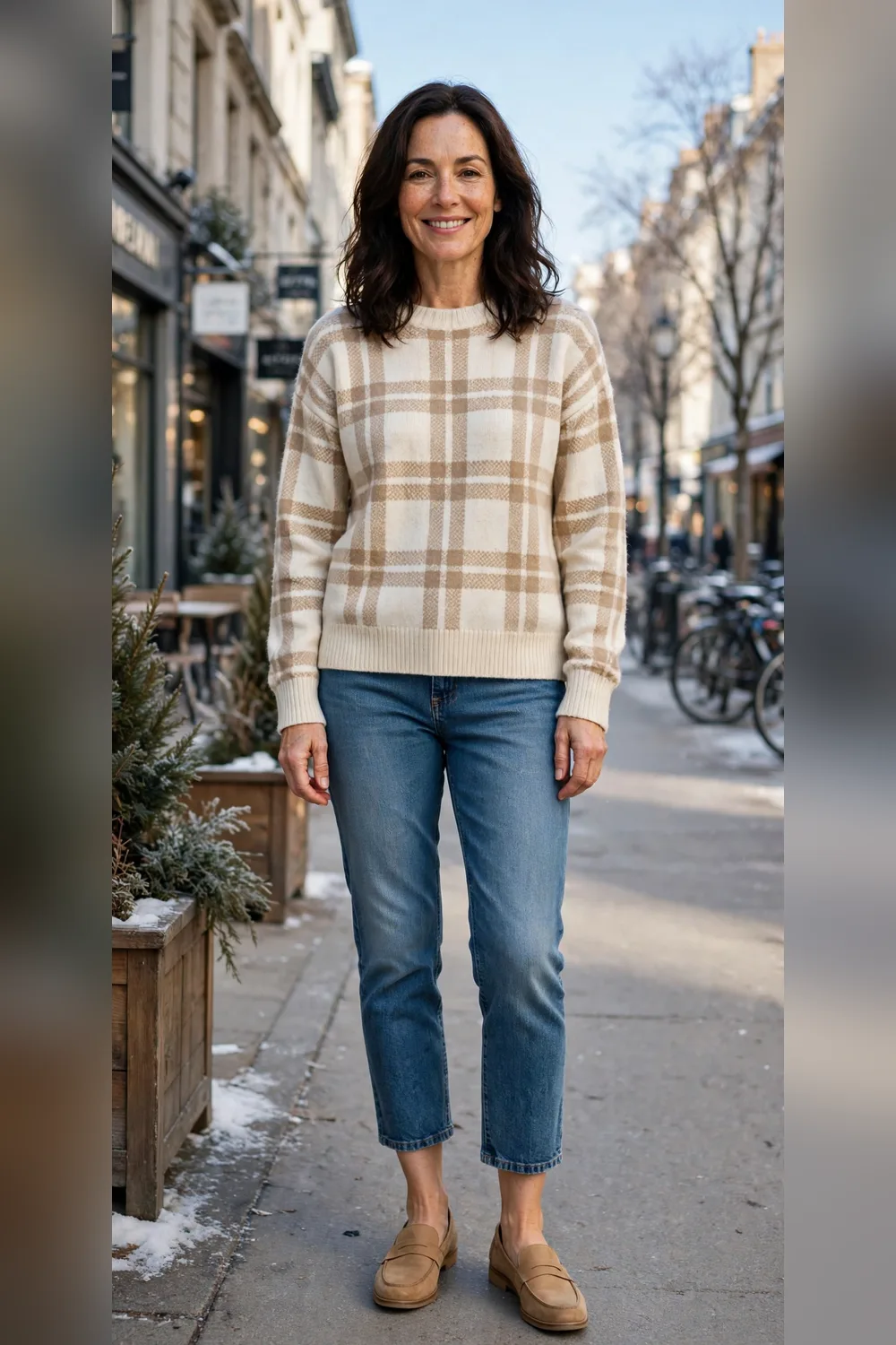 Cream plaid sweater with cropped straight jeans and tan loafers