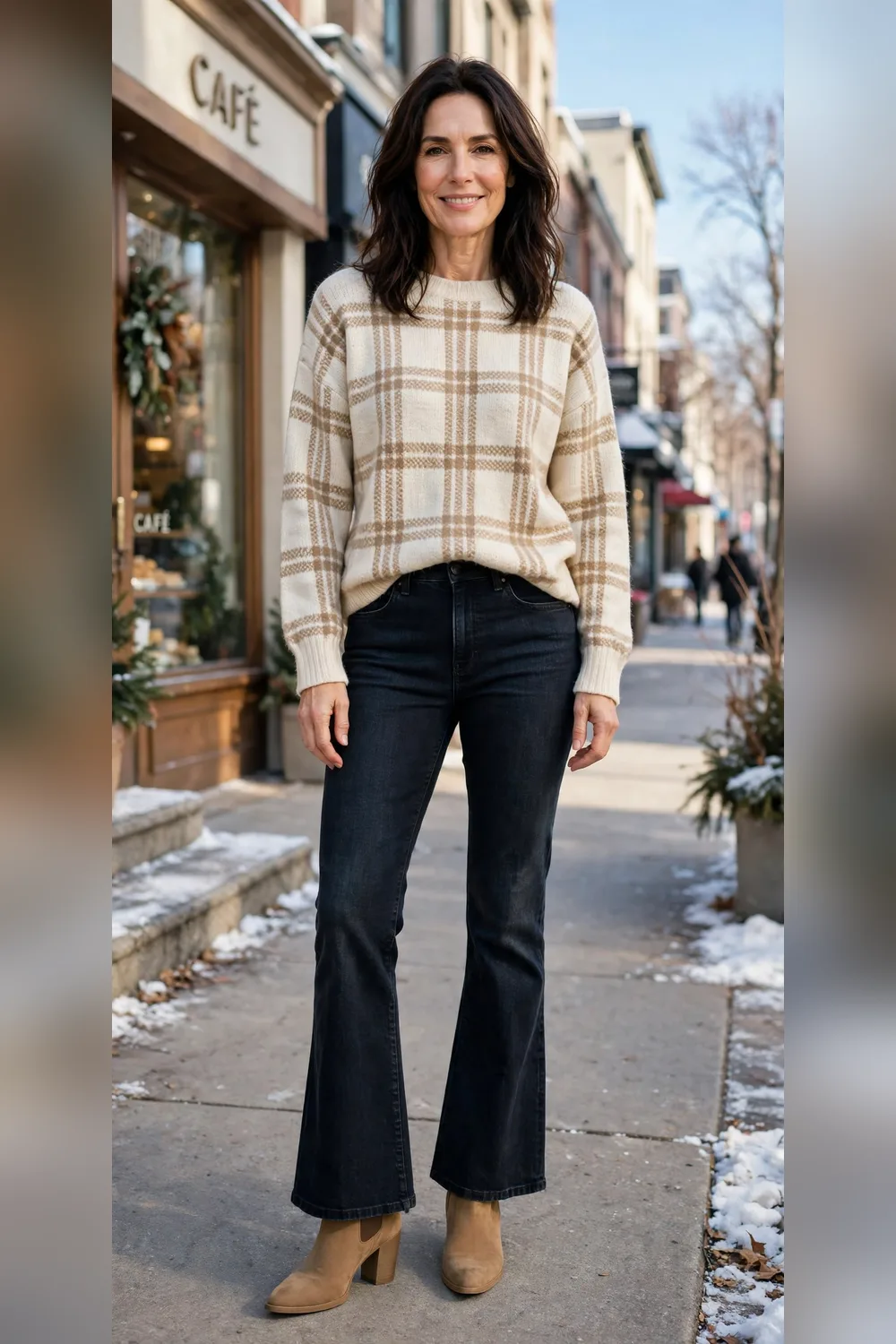Cream plaid sweater with dark flare jeans and tan heeled boots