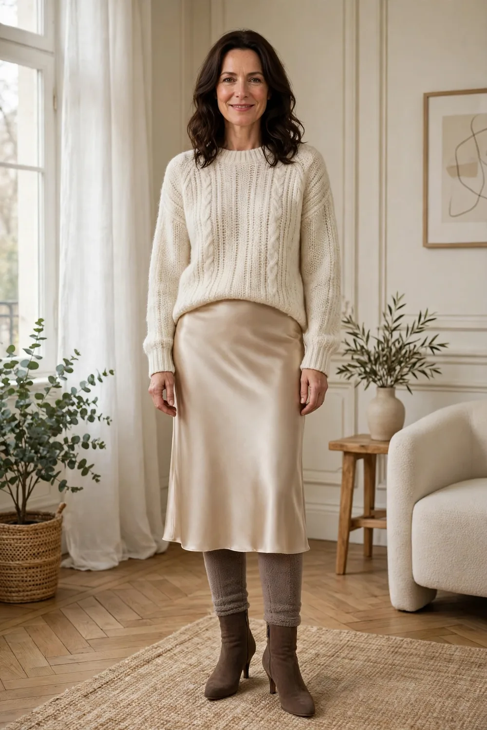 Woman in her 40s wearing a champagne satin skirt with a chunky cream sweater