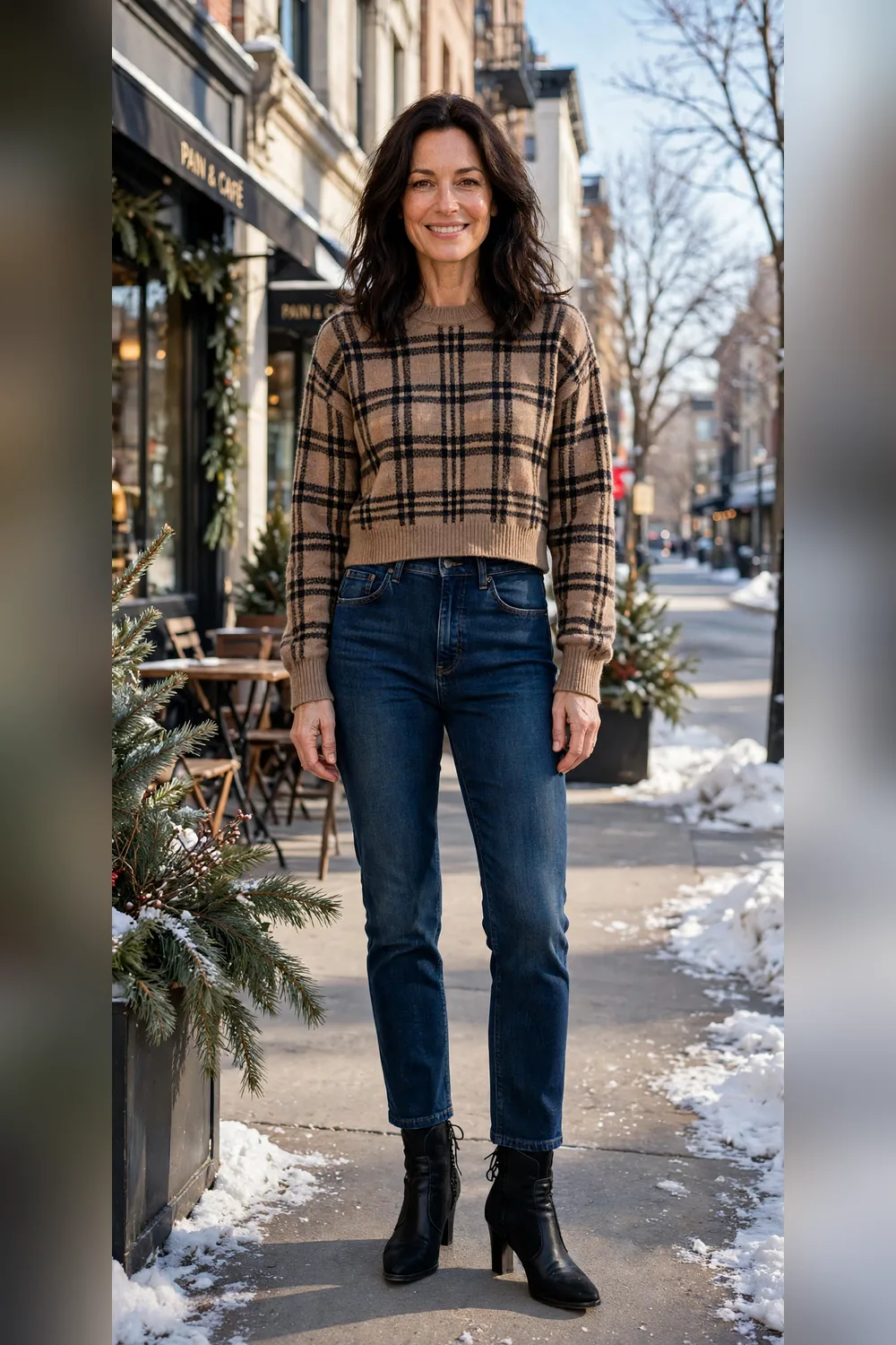 Cropped plaid sweater with high-waisted jeans outfit over 40