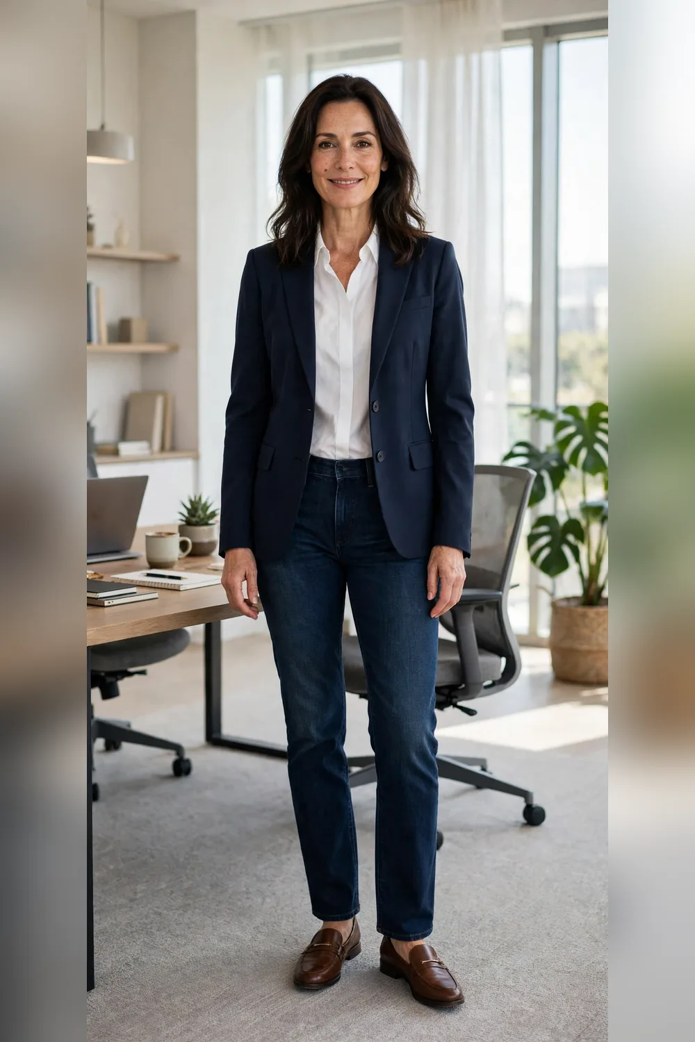 Dark jeans with blazer and loafers casual Friday work outfit over 40
