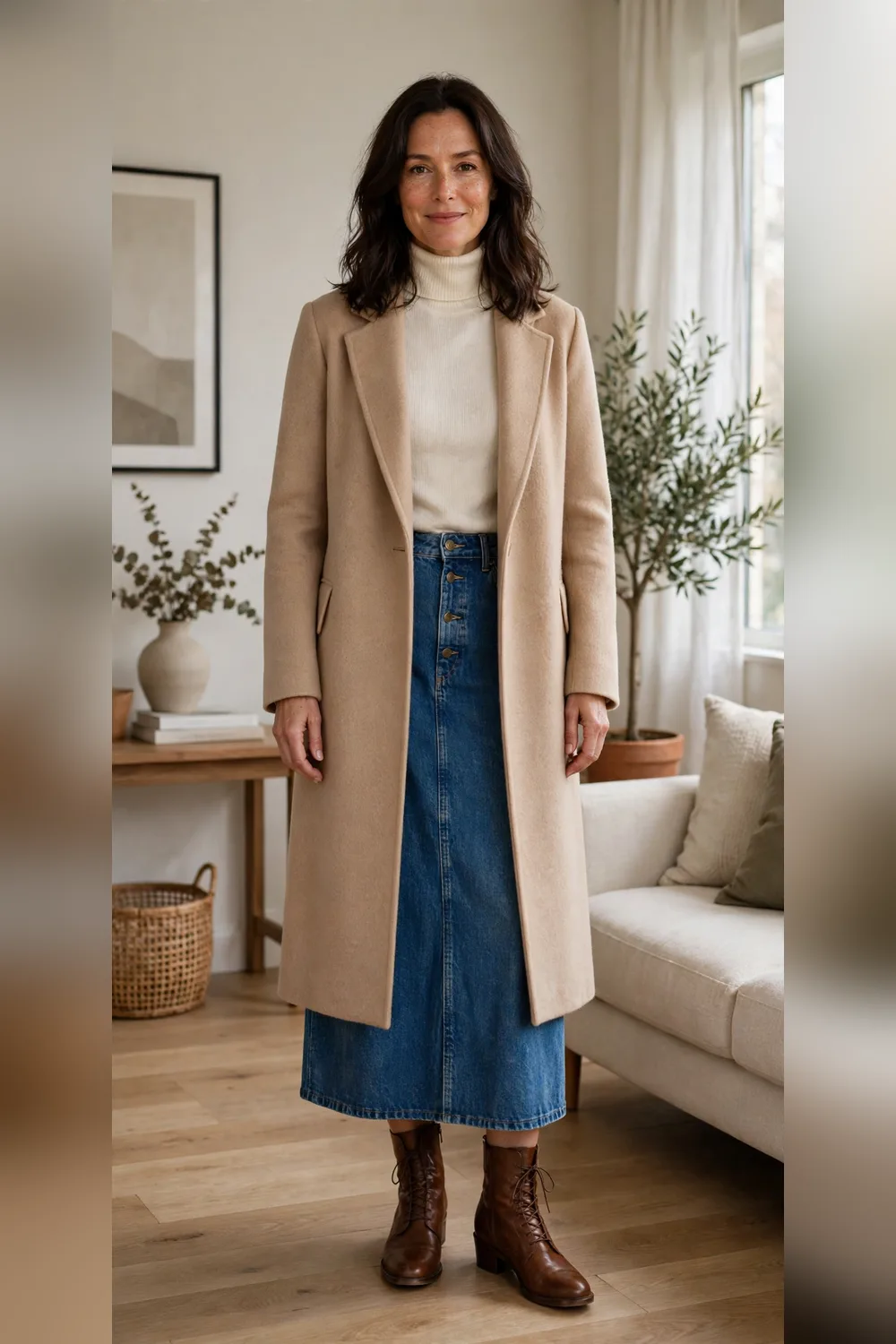 Woman in her 40s wearing a denim midi skirt with a knit top and knee boots