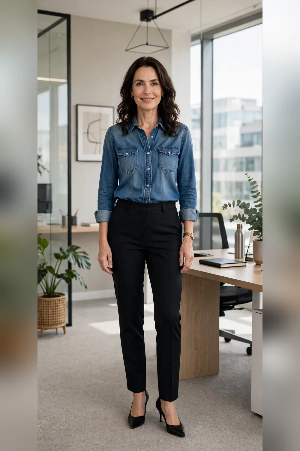 Denim shirt with black tailored trousers work outfit over 40
