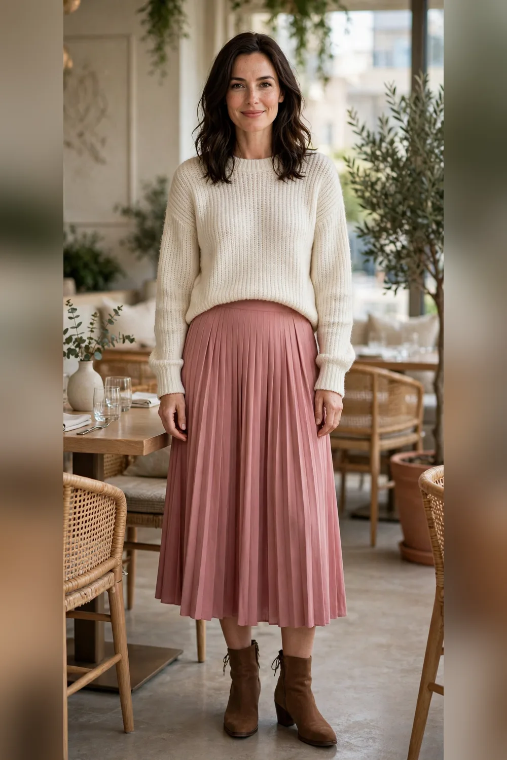 Dusty rose pleated skirt with cream sweater Valentine's outfit