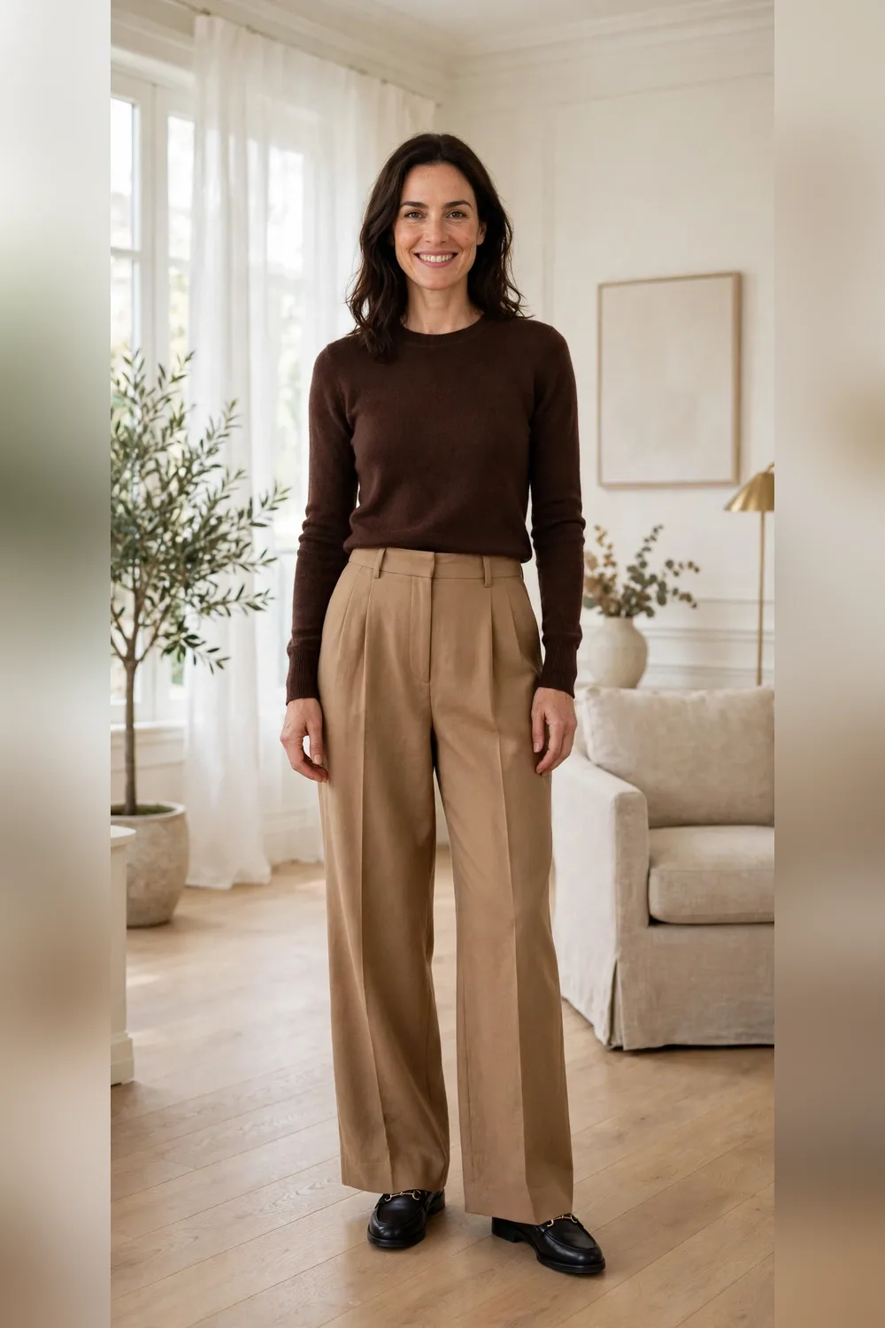 Woman in her 30s wearing camel wide-leg trousers with a fitted chocolate sweater