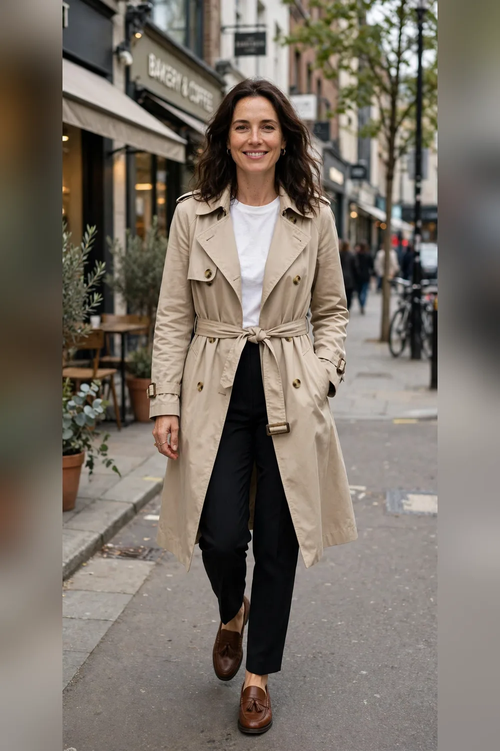 Elevated mom basics black trousers white tee beige trench coat