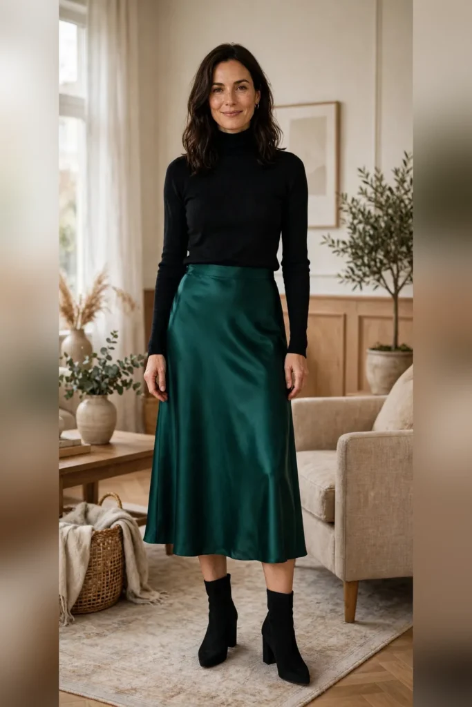 Woman in her 30s wearing an emerald satin midi skirt with a black fitted turtleneck and heeled booties.