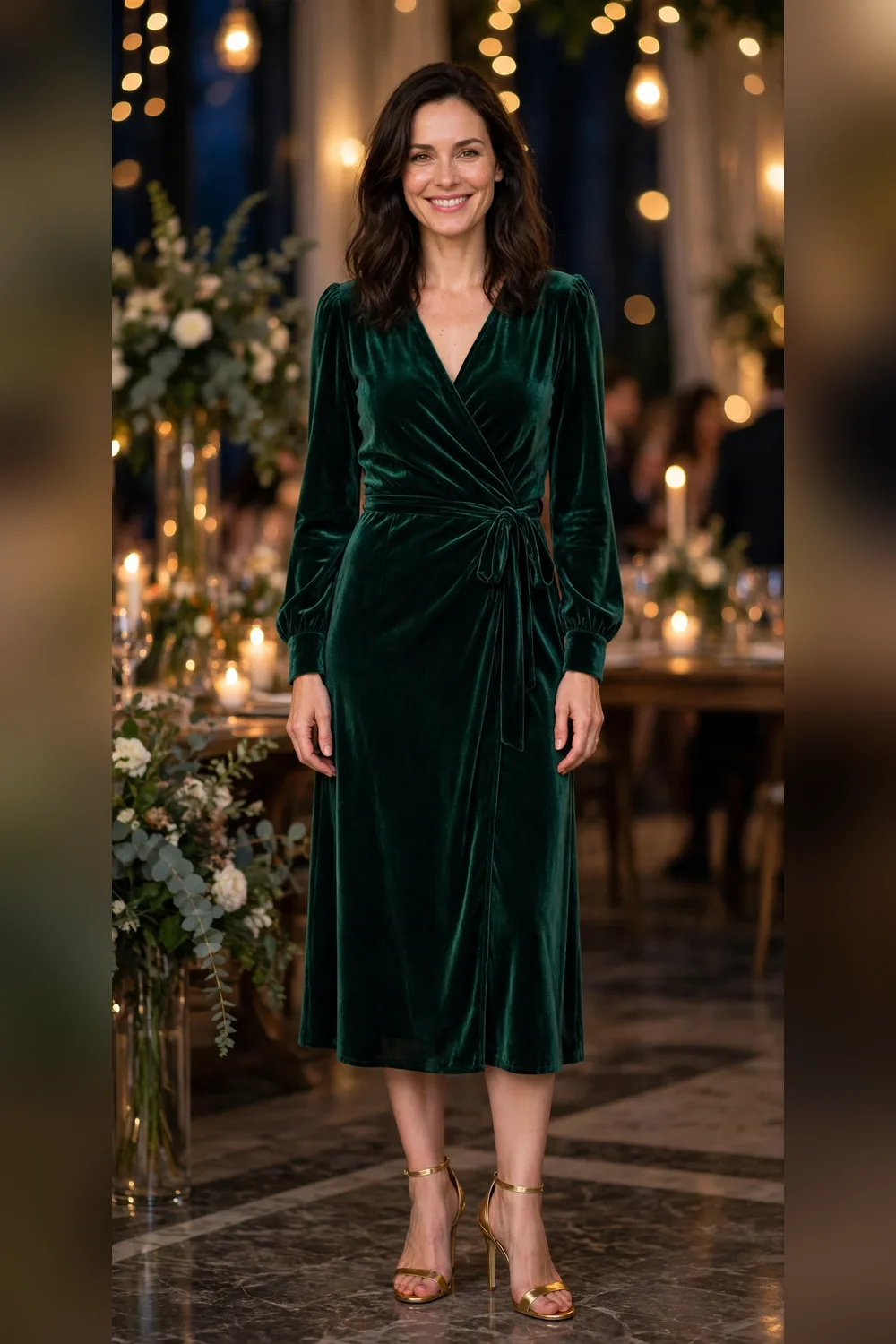 Emerald velvet wrap dress New Year's Eve outfit for women in their 30s