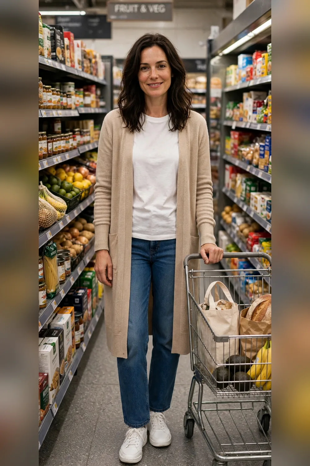 Mom errands uniform jeans white tee longline cardigan and white sneakers