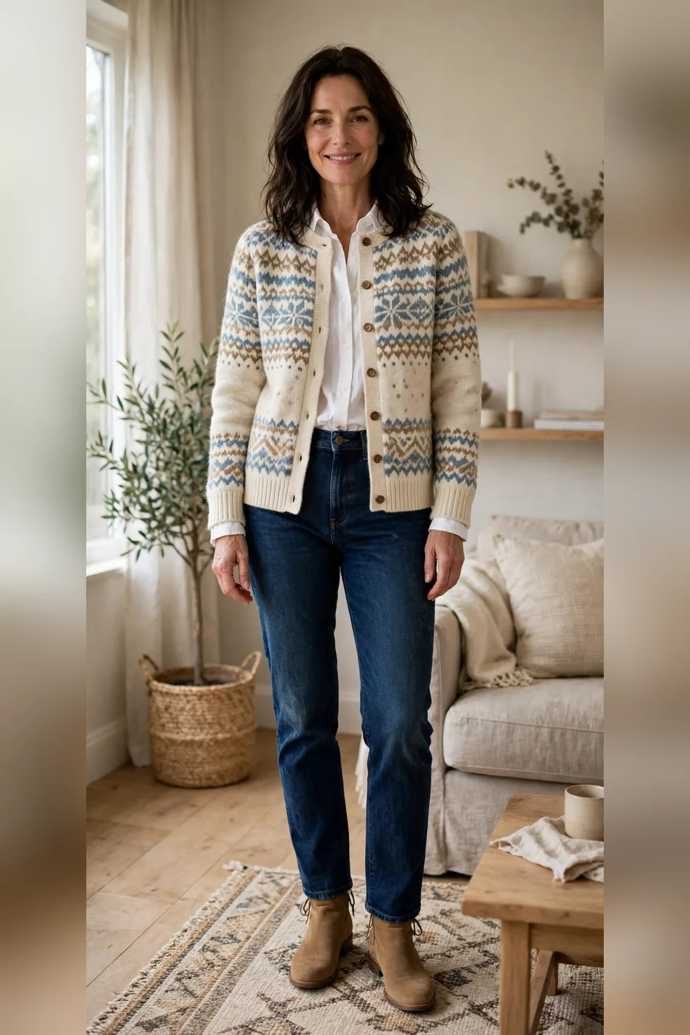 Woman in her 40s wearing a Fair Isle cardigan over a white shirt and dark jeans