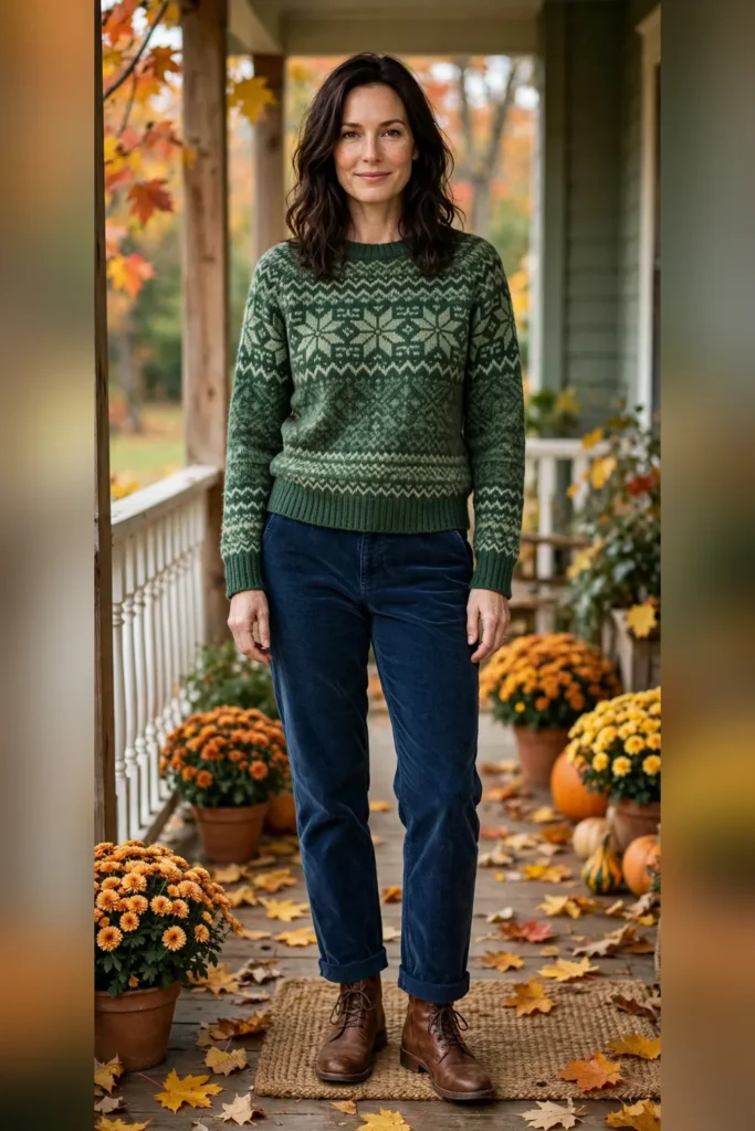 Woman in her 30s wearing a forest-green Fair Isle sweater and indigo corduroy pants, autumn porch background.