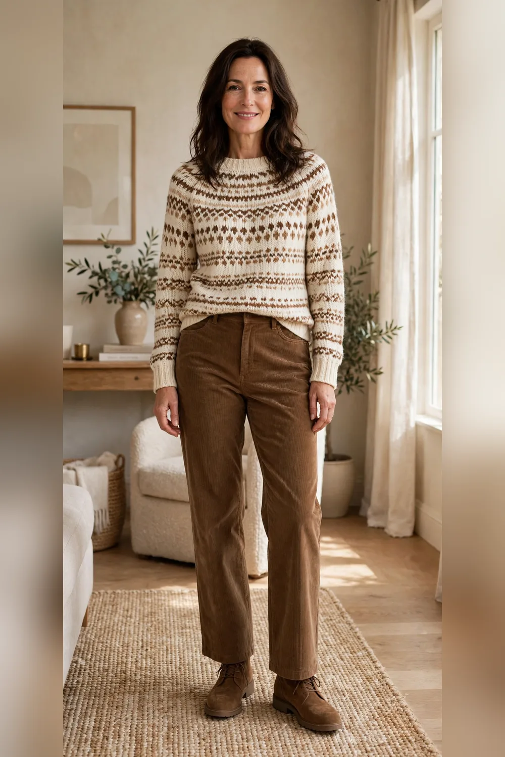 Woman in her 40s wearing a Fair Isle sweater with corduroy pants
