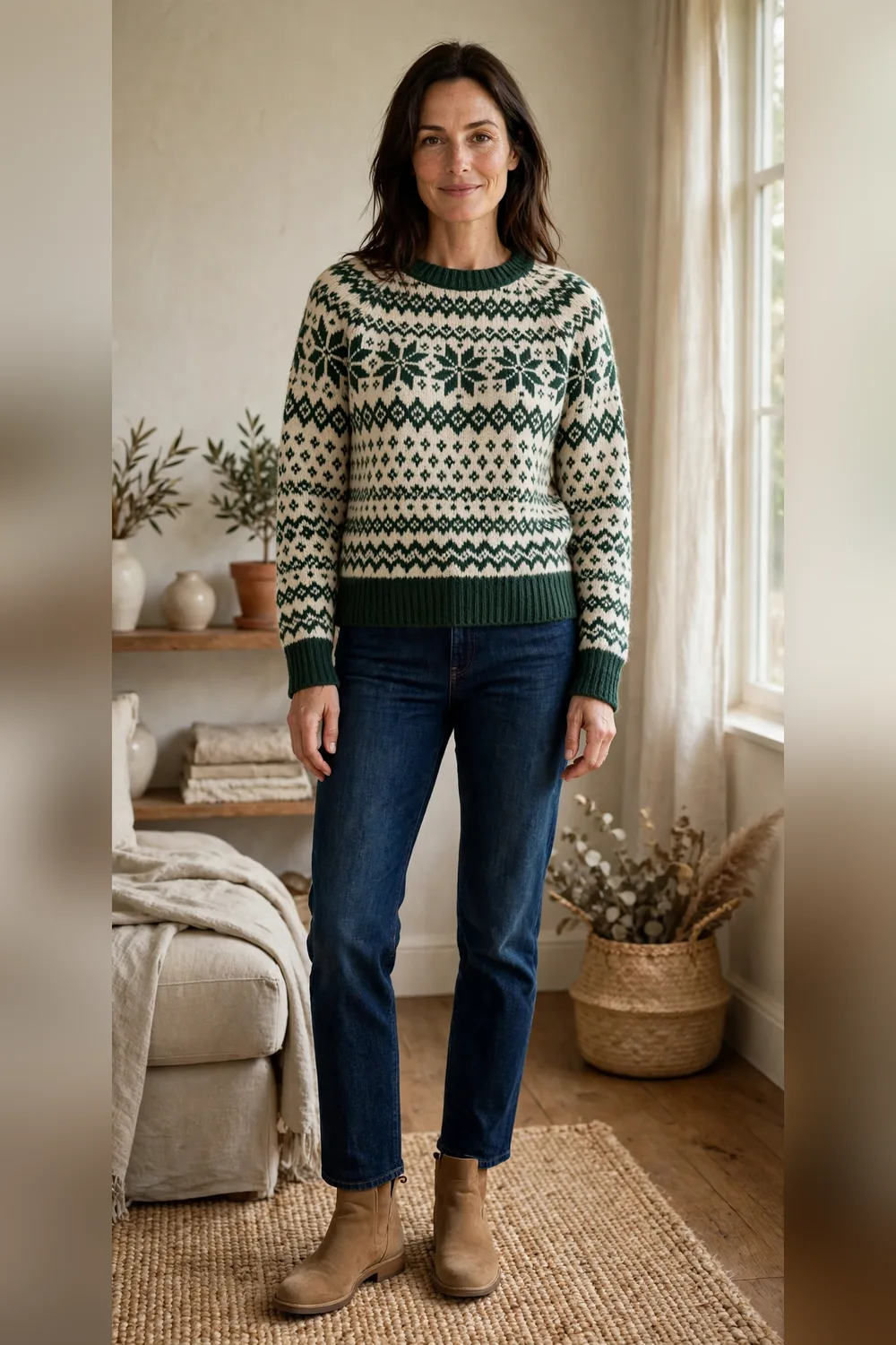 Woman in her 40s wearing a Fair Isle sweater with dark straight-leg jeans