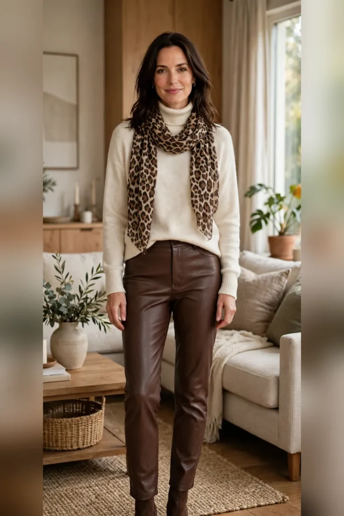Woman in her 30s wearing chocolate faux-leather pants with a cream turtleneck sweater and leopard scarf.
