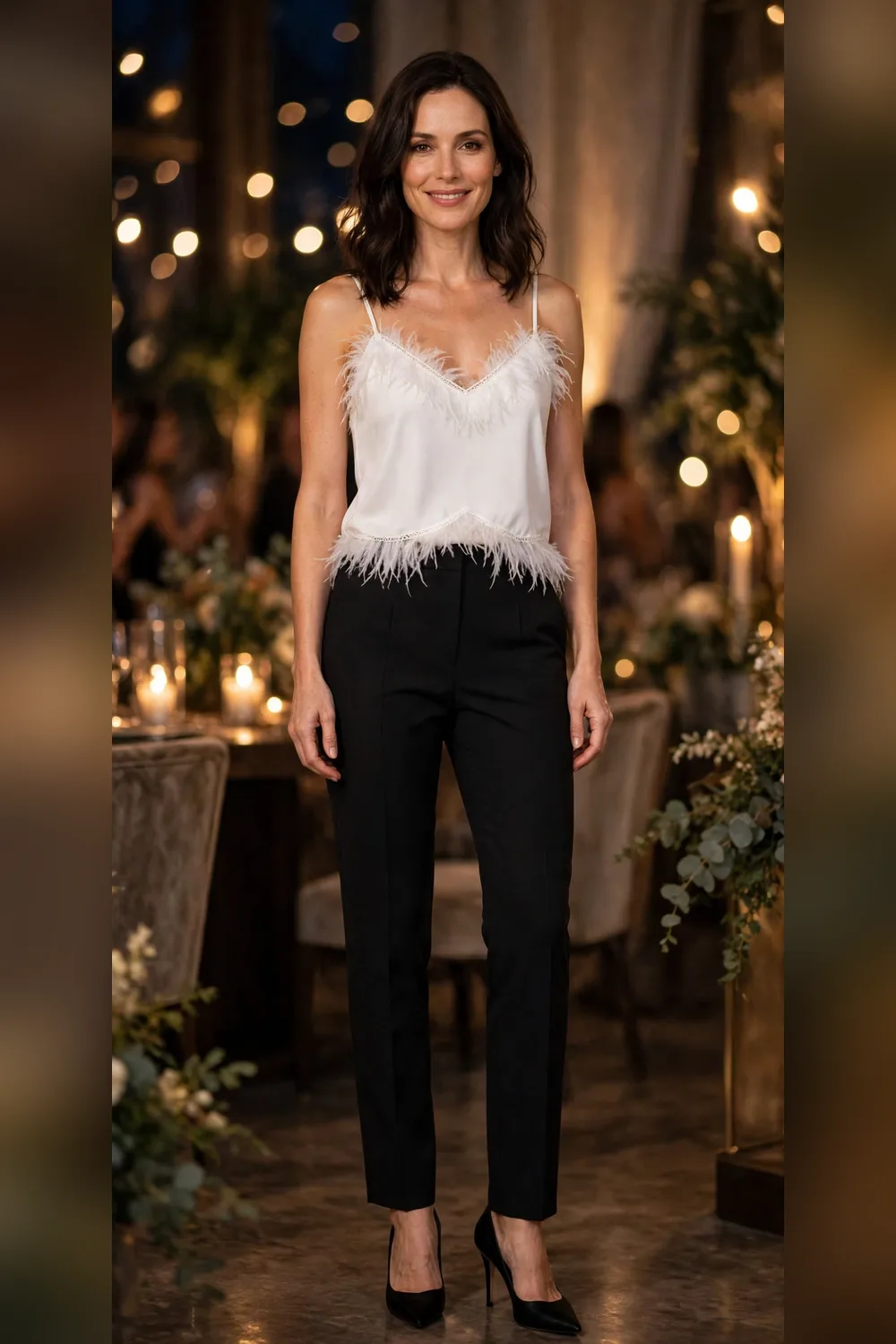 Feather-trim camisole with tailored trousers New Year's Eve outfit