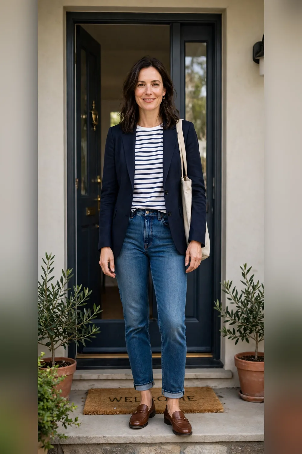 Five minute put together mom outfit jeans striped top navy blazer and loafers