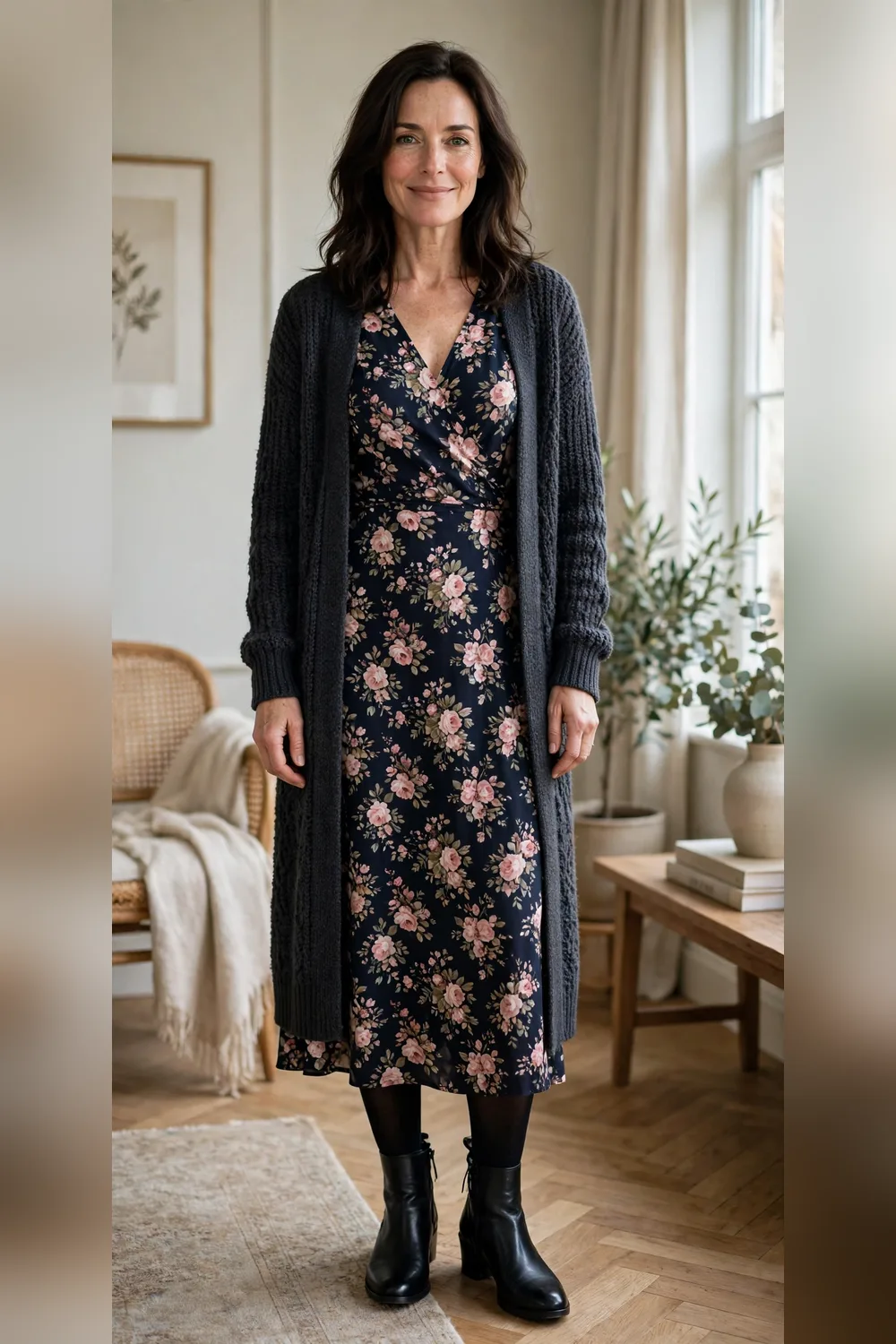 Woman in her 40s wearing a dark floral midi dress with a long cardigan and tights