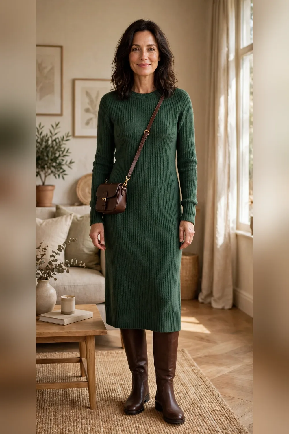 Woman in her 40s wearing a forest green knit dress with chocolate boots