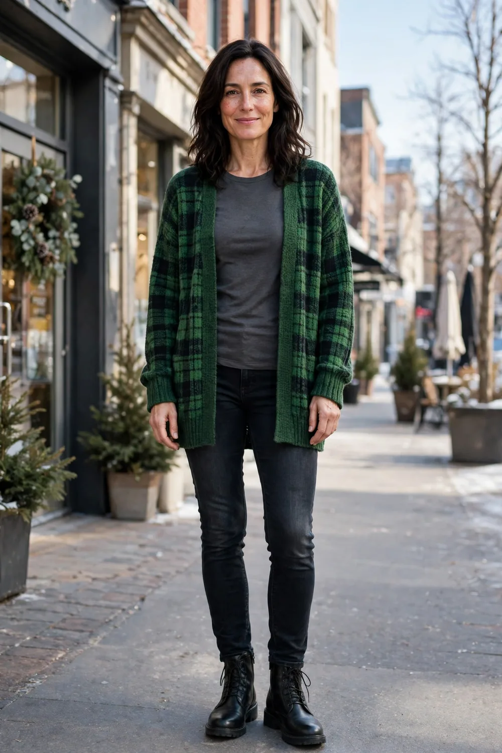Forest green plaid cardigan with dark skinny jeans outfit over 40