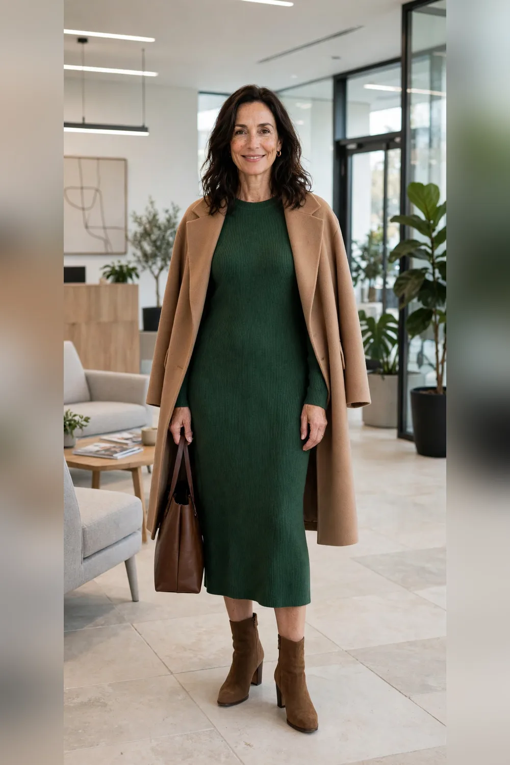 Forest green knit dress with camel coat work outfit over 40