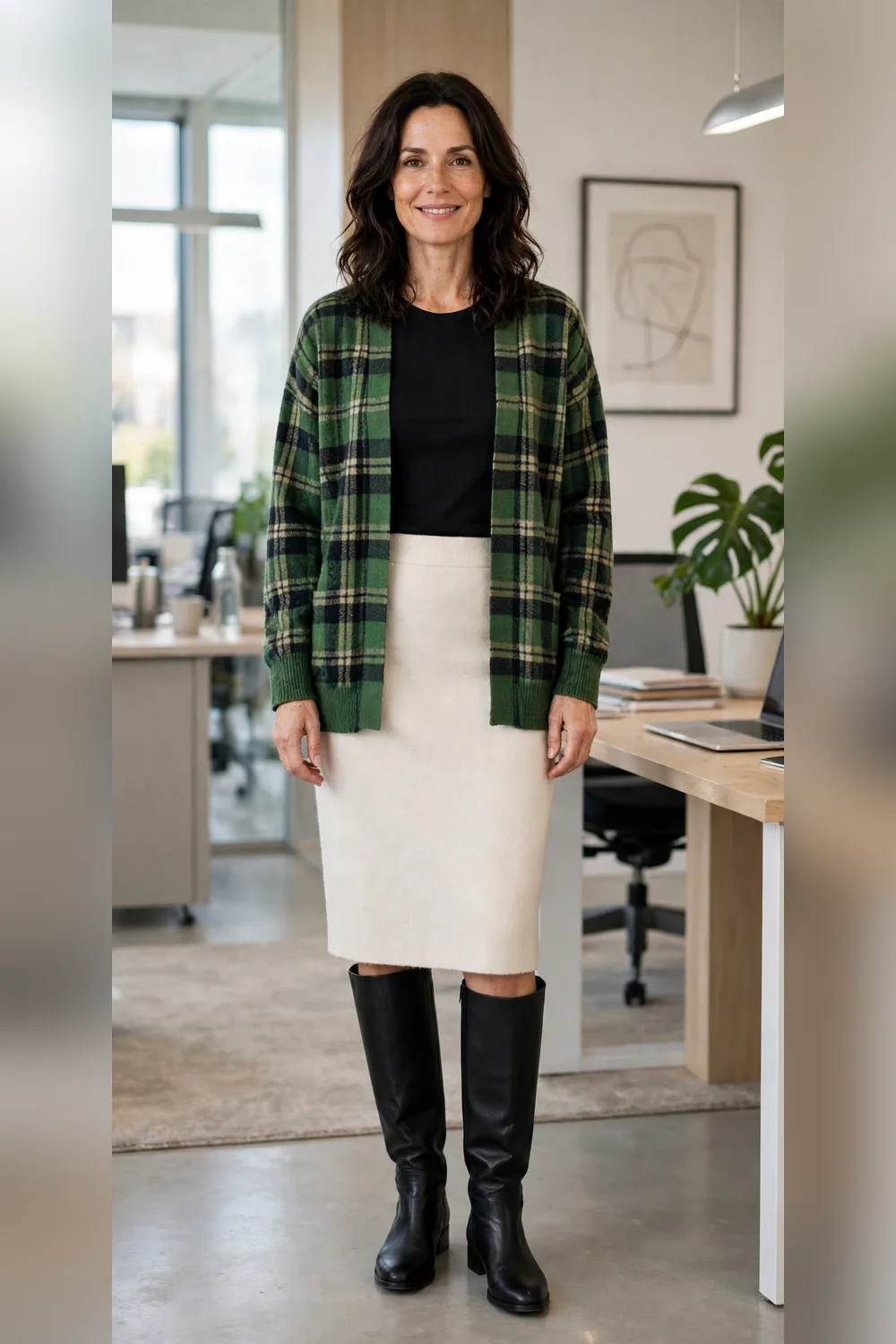 Green plaid cardigan with cream wool skirt outfit over 40