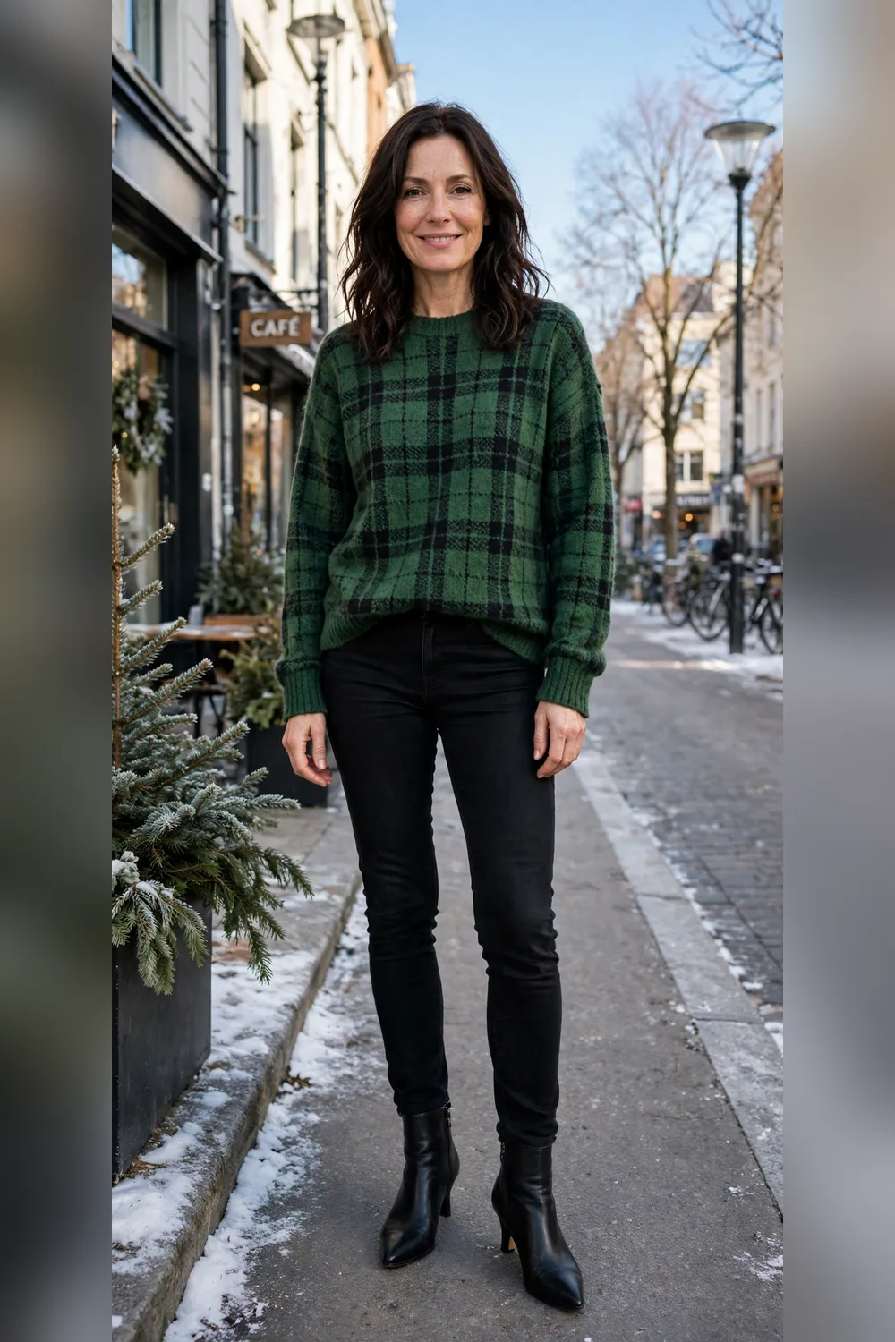Green plaid sweater with black skinny jeans and pointed black ankle boots
